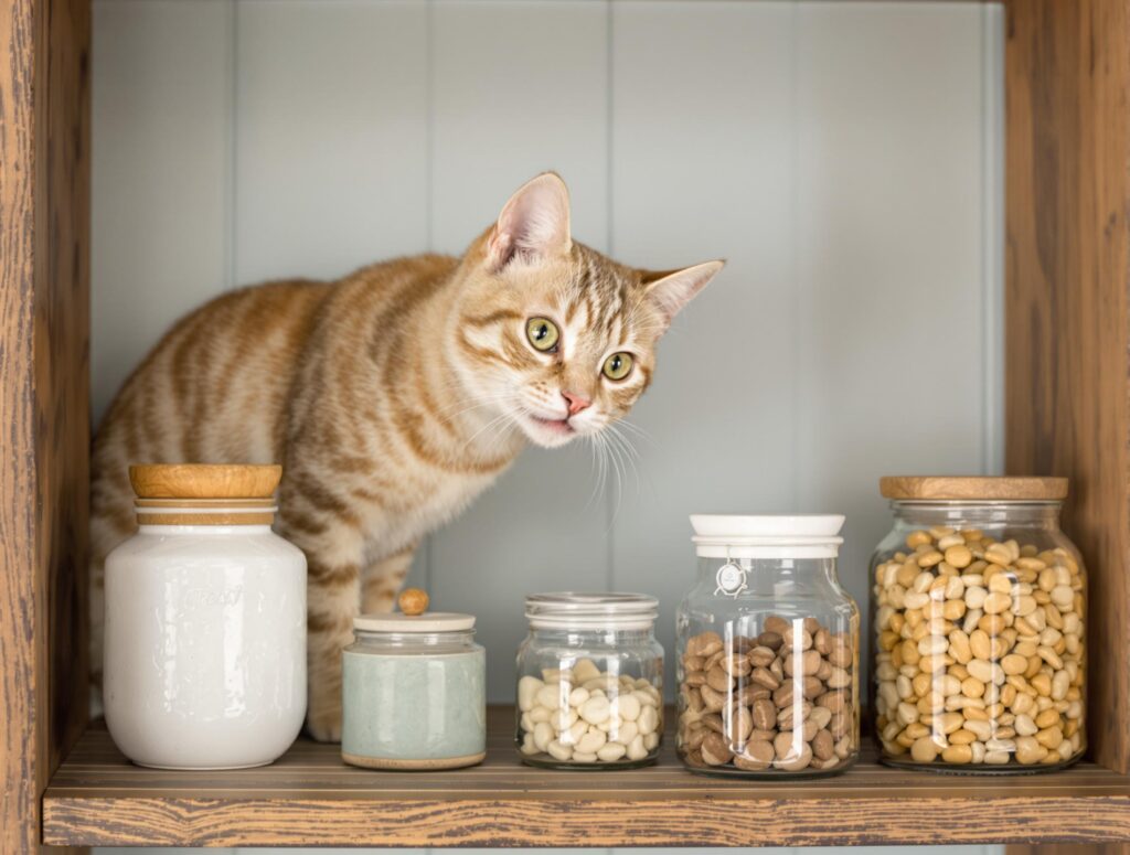 A cat curiously looking at jars of treats