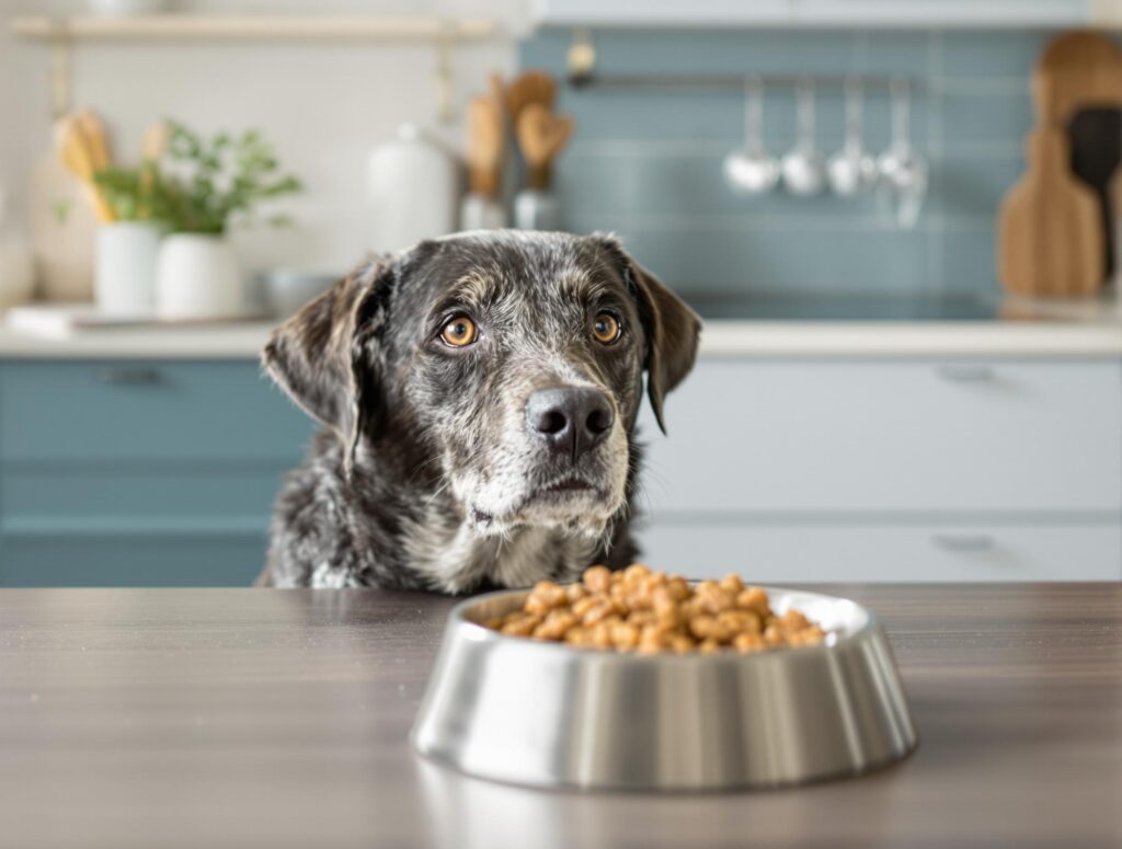 An old black and white dog is in front of bowl of food on a table