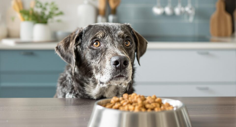 An old black and white dog is in front of bowl of food on a table