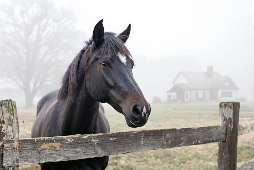A black horse looking over a pasture fence in the morning fog, with a distant farmhouse visible. The mist creates an ethereal atmosphere, softening the scene's edges.