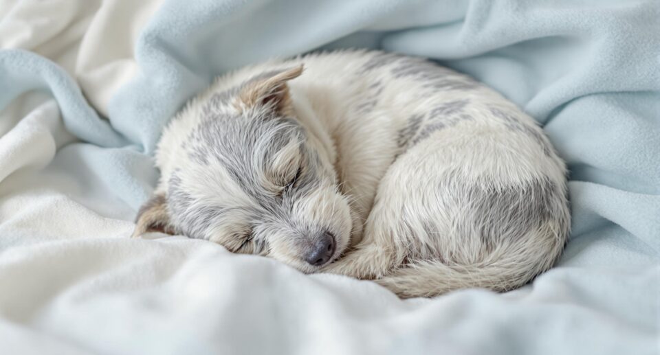A small Terrier resting on a vet clinic's soft blanket, appearing exhausted and calm.