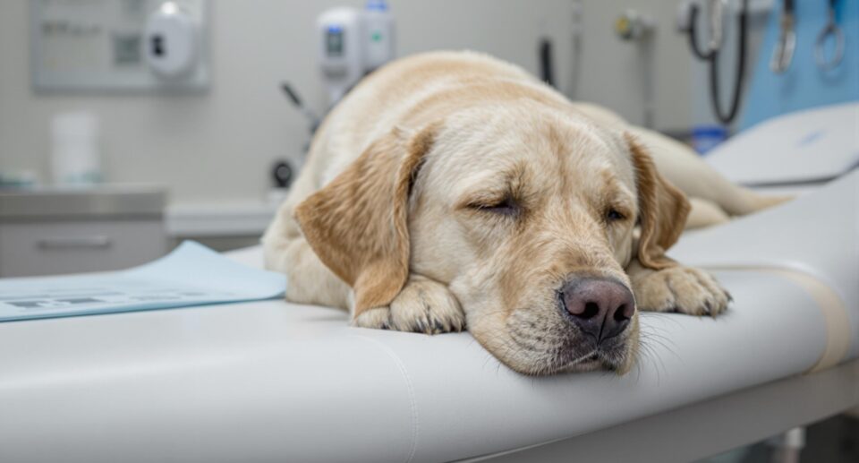 Tired golden retriever at the vet