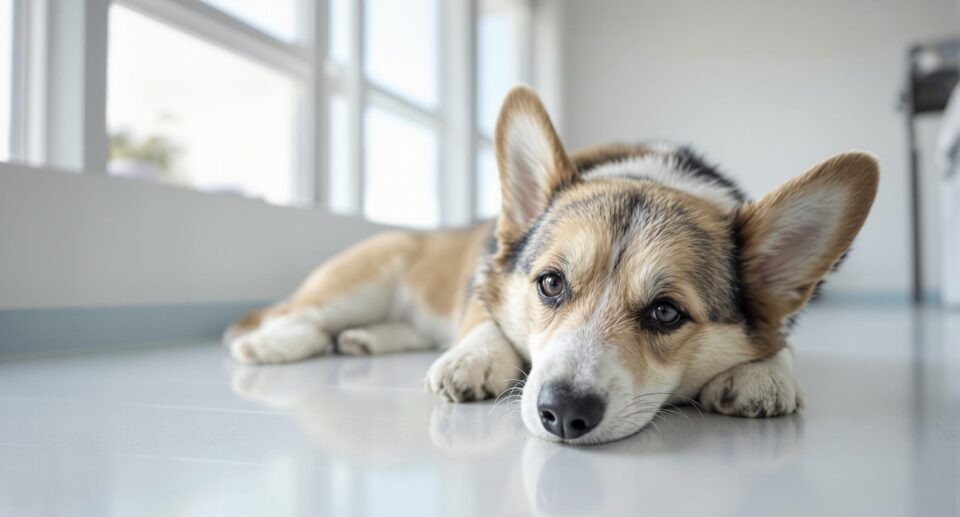 Weary Corgi on Clinic Floor: