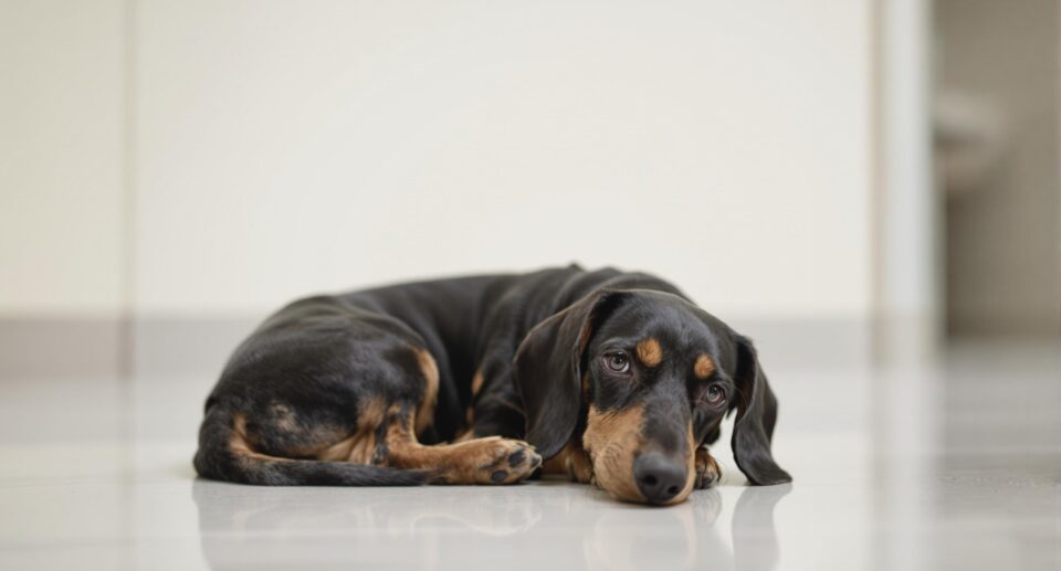 Weary Dachshund on Clinic Floor