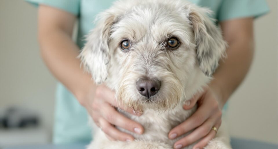 A relaxed medium-sized dog receiving compassionate veterinary care for Addison's disease.