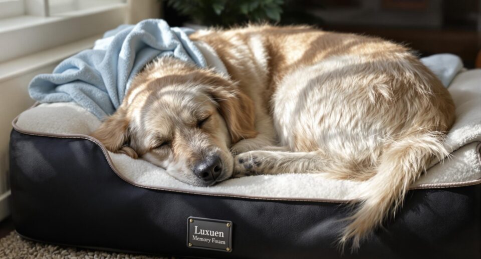 Senior golden retriever sleeping on orthopedic dog bed for joint health.