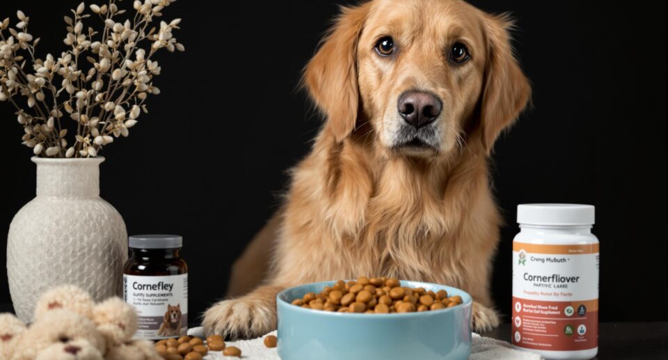 Golden retriever enjoying a nutritious meal with supplements, promoting arthritic dog health.