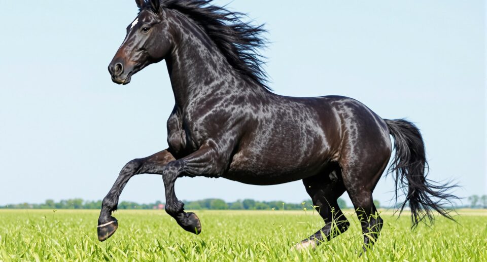 Majestic black horse galloping in a green pasture, illustrating equine arthritis causes.
