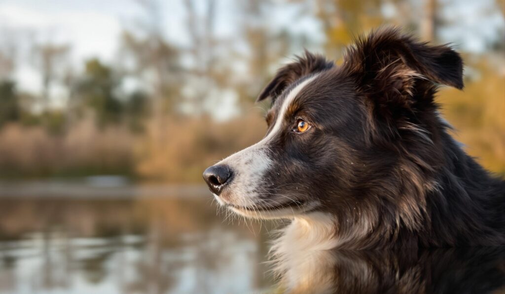 Border collie looking serious by a lake