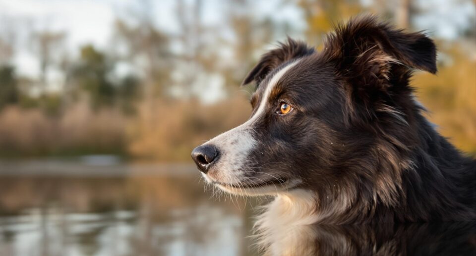 Border collie looking serious by a lake