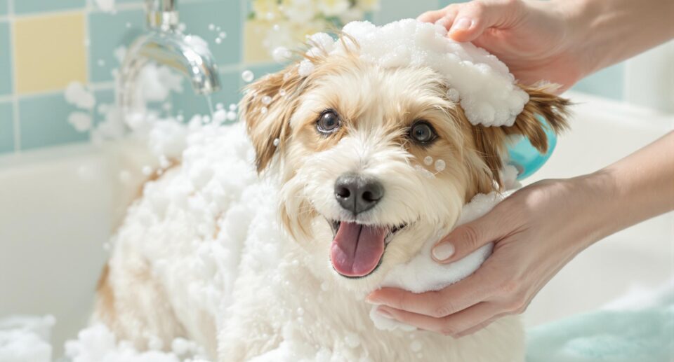 A cheerful terrier mix being bathed with blue-tinted dog shampoo, highlighting how to bathe your dog in a clean bathroom setting.
