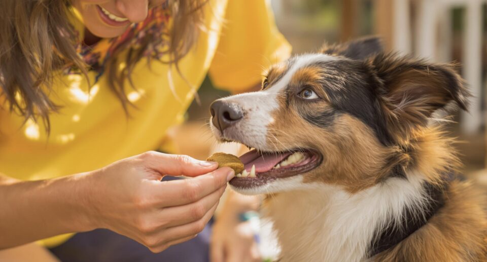 Mid-sized energetic dog receiving a skin supplement treat from owner, showcasing best dog skin supplements.