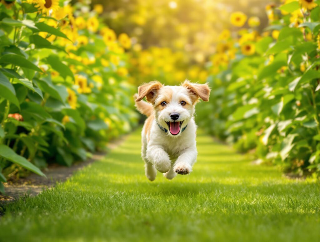 Playful terrier with flea collar running in a lush garden, highlighting best flea treatment for dogs.
