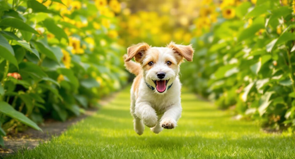 Playful terrier with flea collar running in a lush garden, highlighting best flea treatment for dogs.