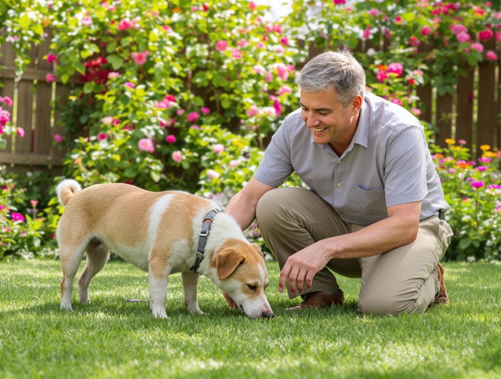 A blind dog cautiously explores a lush backyard with its owner kneeling nearby, offering words of encouragement. The late afternoon sun casts a warm glow over the green grass and blooming flowers, creating a serene and heartwarming scene.