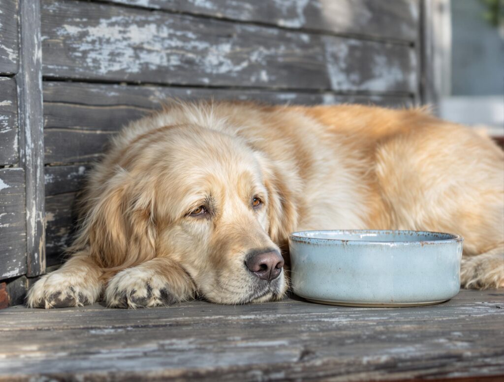 Golden Retriever lies quietly next to a ceramic bowl on weathered wood steps, showing possible discomfort from bloat