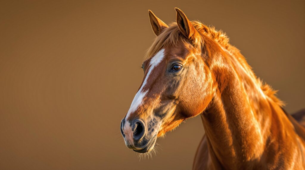 Close up of a brown horse with a soft sunset light against a brown background