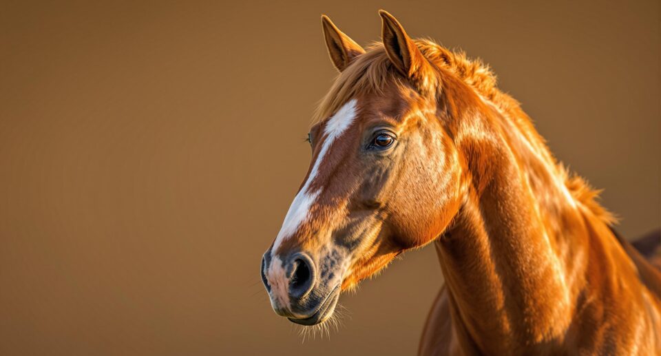 Close up of a brown horse with a soft sunset light against a brown background