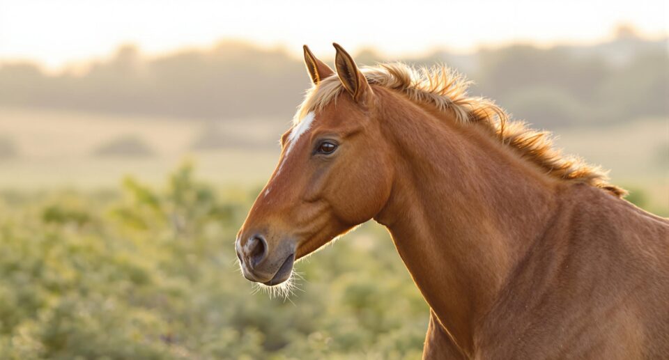 Close up on the face of a brown horse with light hair running in a field
