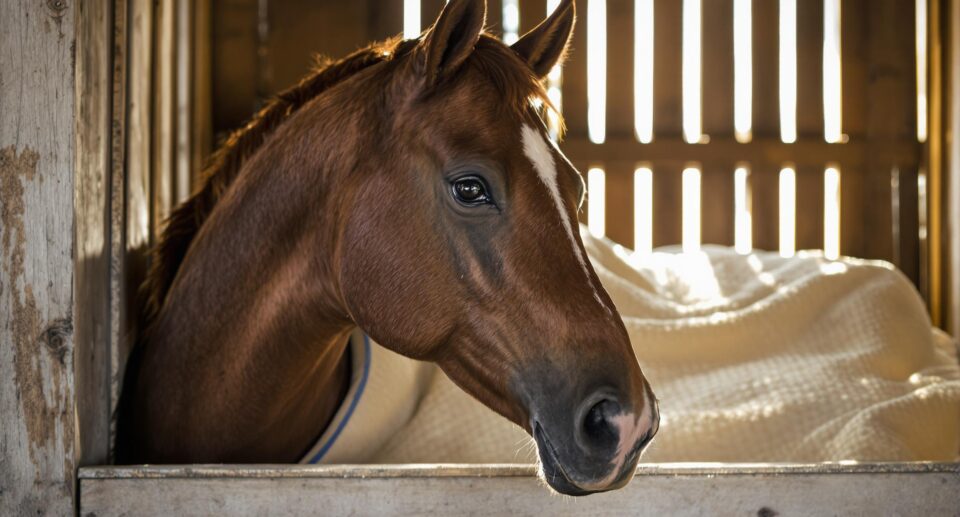 Close up of a brown horse in their stable under a blanket
