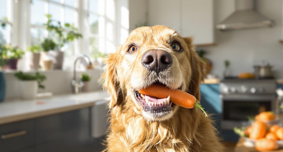 A happy Golden Retriever holds a fresh carrot in their mouth while standing in a sunny kitchen.