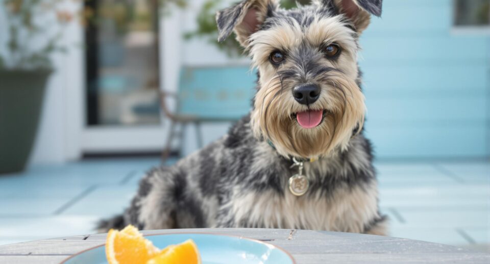 A medium-sized terrier sniffing an orange slice in a human's hand, exploring if dogs can eat oranges.