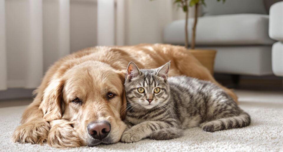 Elderly golden retriever and senior gray tabby cat on ivory rug, highlighting lifelong friendship, related to cancer in dogs.
