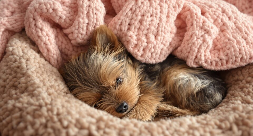 Small dog finds security in a cozy blanket nest, reflecting the importance of familiar surroundings for aging pets