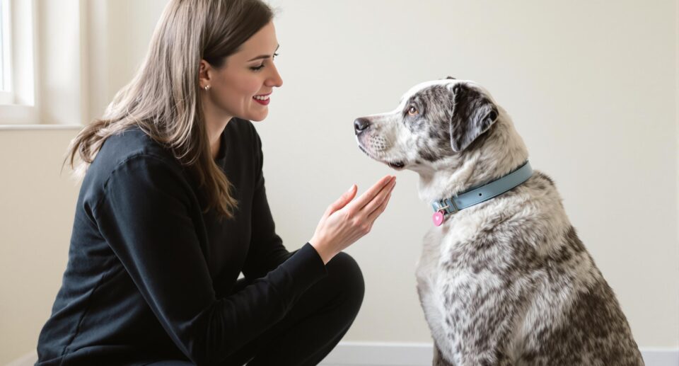 A person in black clothing uses hand signals to communicate with a senior deaf dog wearing a blue collar in a minimalist indoor setting.