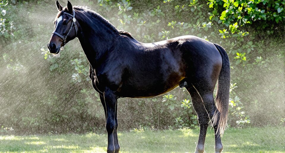 Majestic black horse in shaded paddock with misting fans and lush greenery in hot weather.