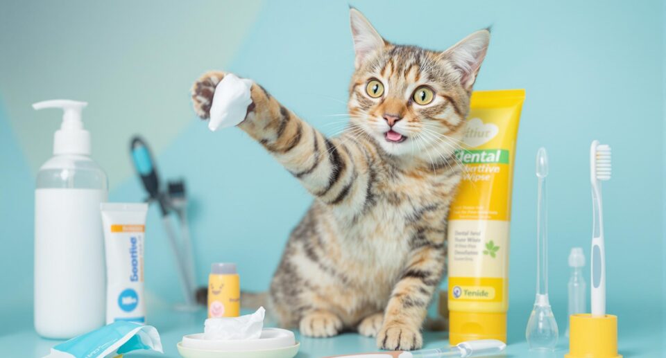 Playful tabby cat interacting with dental care products, showcasing how to care for your cat's teeth.
