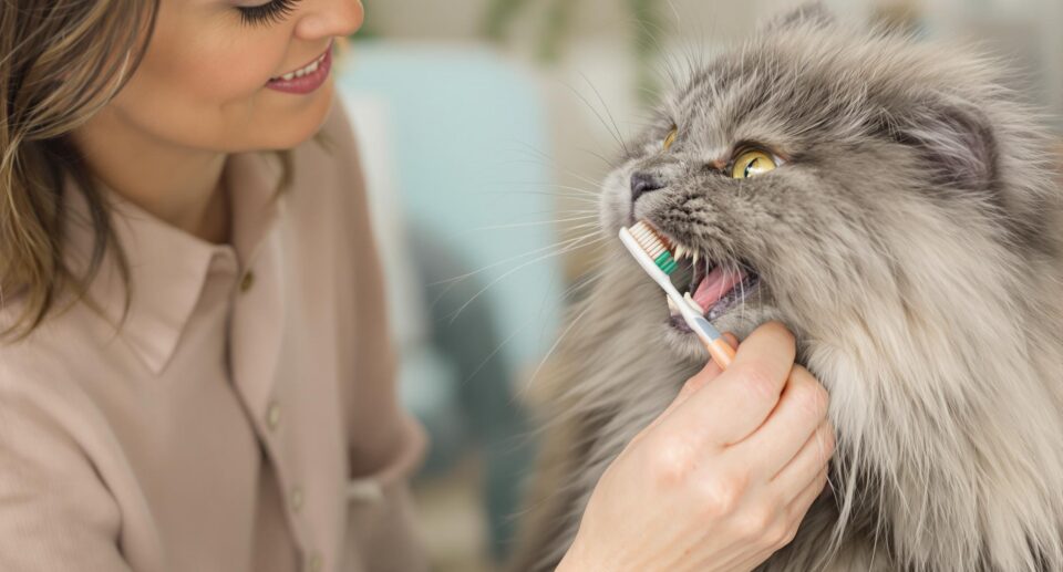 A pet owner brushing a Maine Coon cat's teeth, highlighting cat dental hygiene.