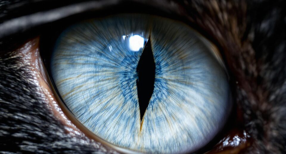 Close-up macro of a cat's eye, showing intricate iris textures, highlighting symptoms of eye problems in cats.
