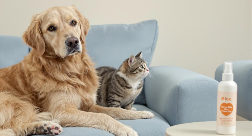 Golden retriever and tabby cat sitting together on a blue couch with flea prevention spray, illustrating the difference between cat and dog fleas.