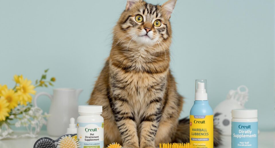 Playful tabby cat with grooming products for hairball care, highlighting when to see a vet about hairballs in cats.