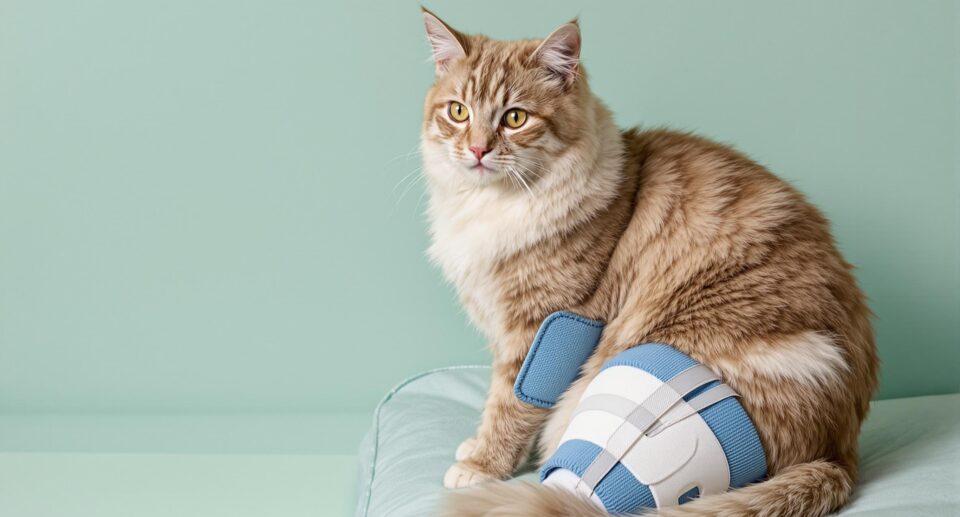 Serene domestic cat wearing a medical knee brace, highlighting cranial crucial ligament care in a soothing setting.