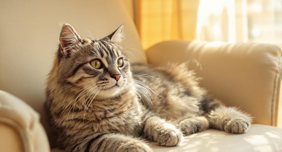 A senior cat enjoying a gentle grooming session in a sun-drenched spot indoors