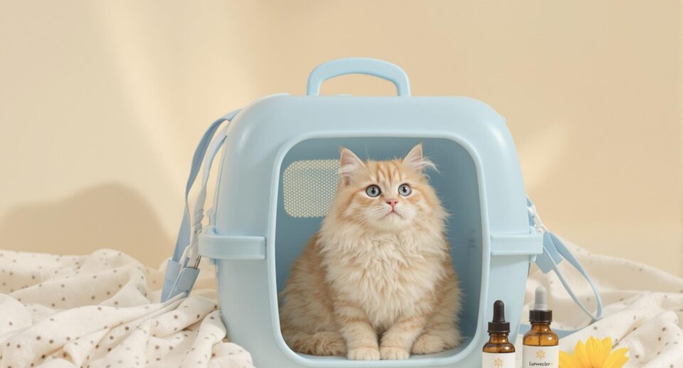 Serene cat in a blue travel carrier with homeopathic remedies, illustrating motion sickness treatment for cats.