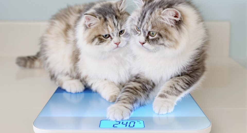 A playful white and grey tabby cat on a digital bathroom scale with a blue display.