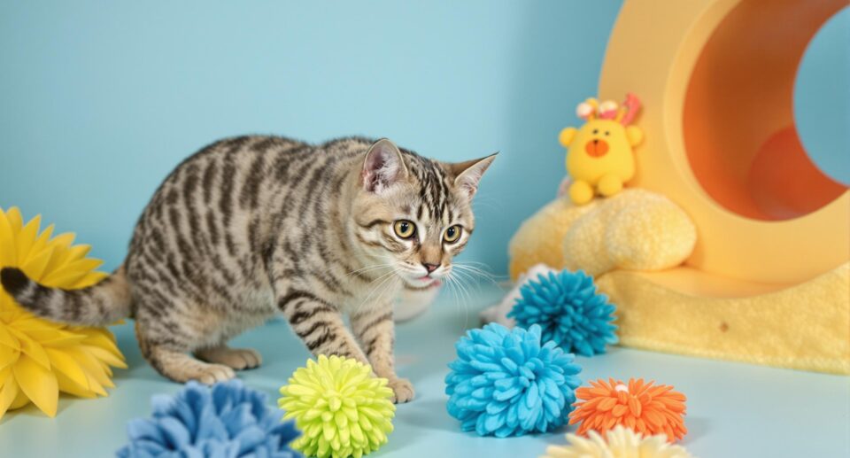 A curious tabby cat plays with colorful toys on a blue floor in a pet-friendly environment.