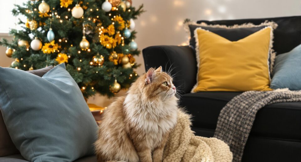 A relaxed domestic cat near a decorated Christmas tree in a cozy living room, highlighting holiday safety for cats.