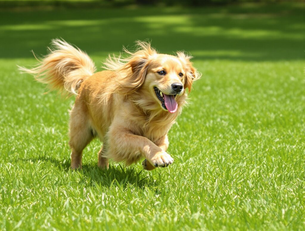 Golden Retriever rolling on green lawn, embodying joy and freedom, related to cheap Frontline Plus for dogs.