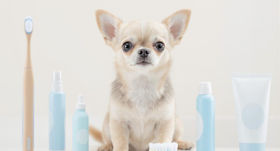A tiny Chihuahua sitting with dental care products, emphasizing cleanliness and dental hygiene for chihuahua care.