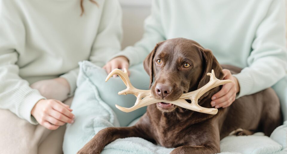 Chocolate Labrador on plush dog bed with deer antler, observed by pet owner in mint sweater.