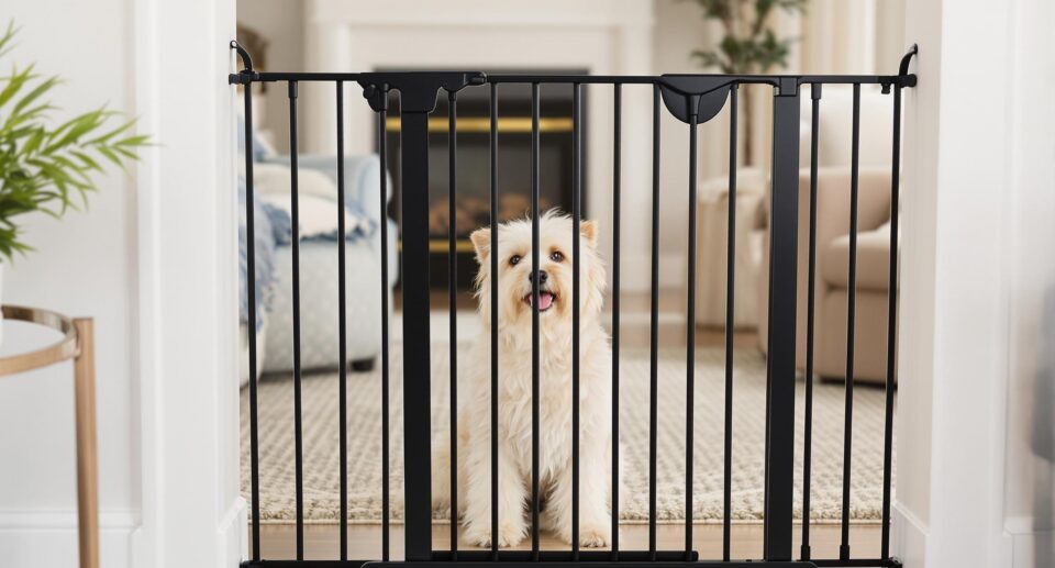 A relaxed dog with soft fur sits peacefully behind an elegant black pet gate in a cozy living room.