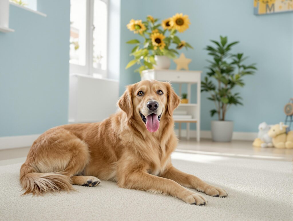 Sunlit home interior with a mid-sized dog on a clean ivory carpet, highlighting a fresh, allergen-free environment.