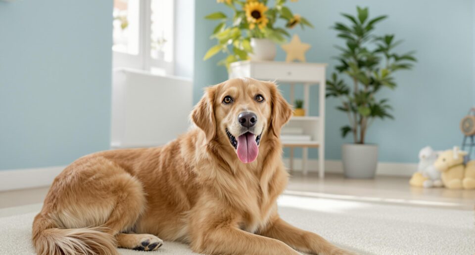 Sunlit home interior with a mid-sized dog on a clean ivory carpet, highlighting a fresh, allergen-free environment.