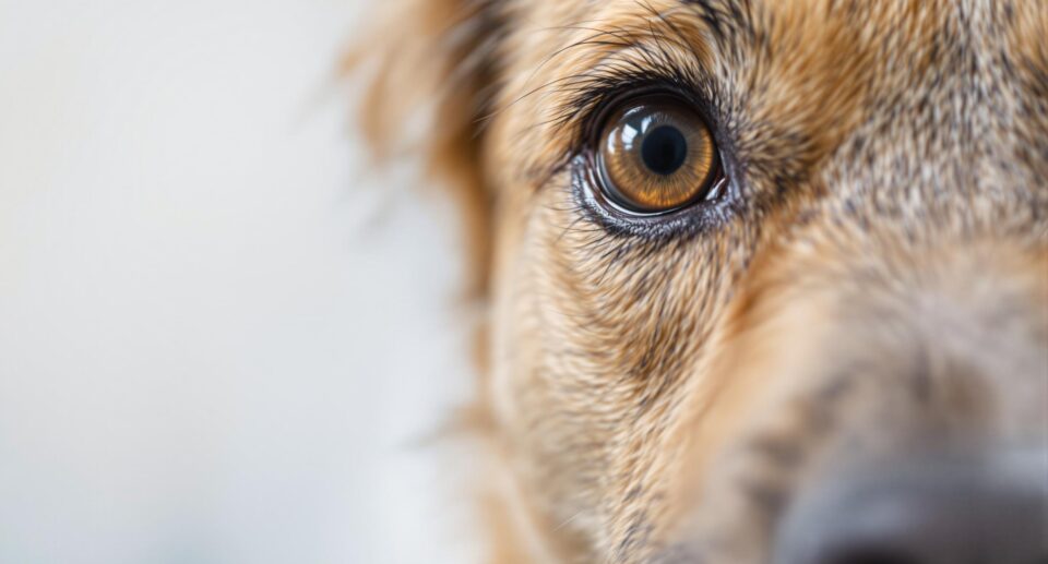 Close up of calm dog's eye post-treatment
