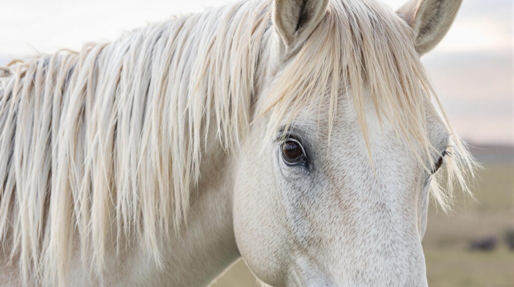 Close up of a white horse's eyes and mane