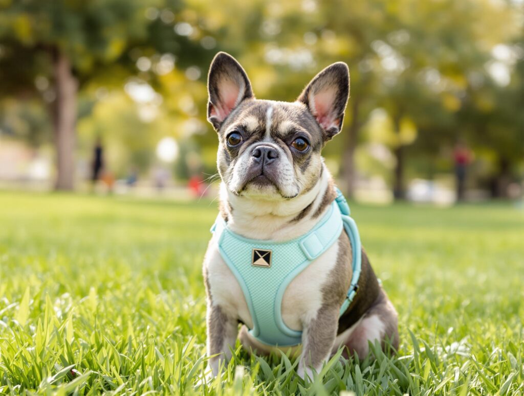 Small breed dog with mint green harness sitting on grass, highlighting collapsed trachea in dogs.